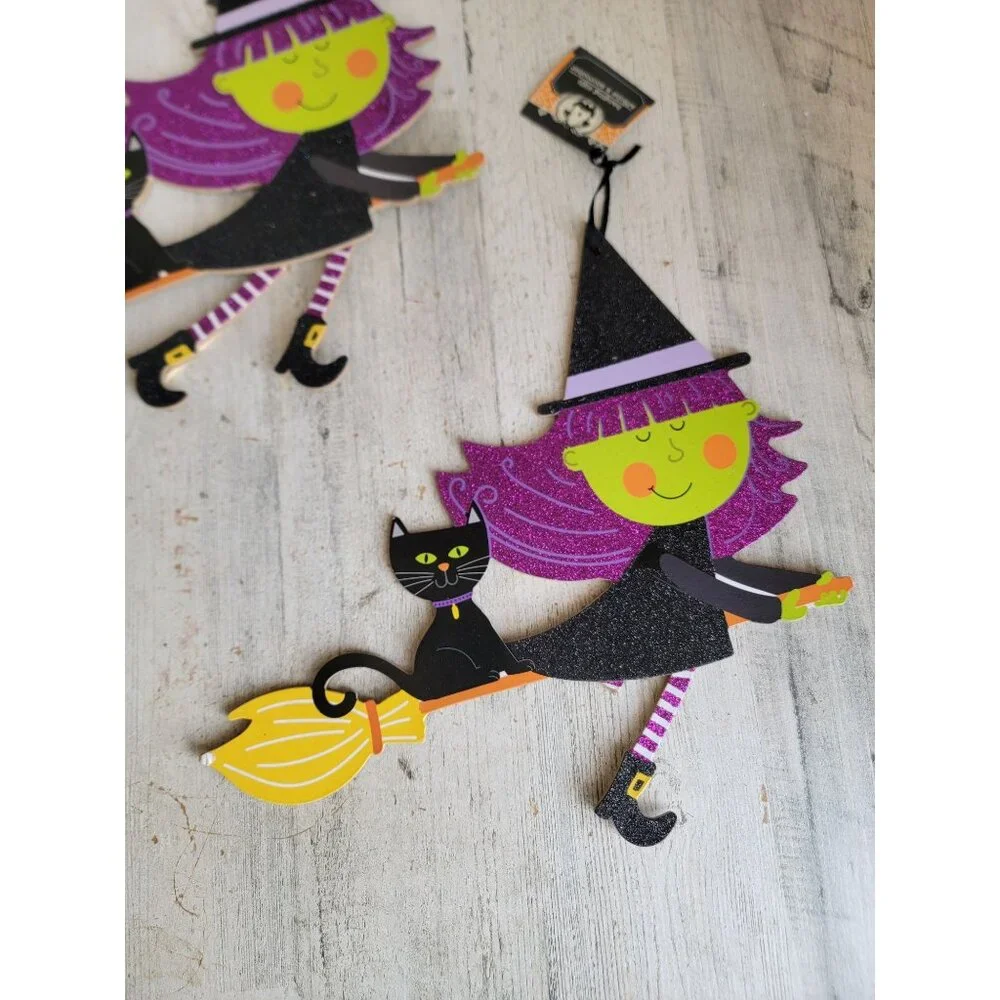 Glitter witch broom set cat AS IS Halloween sign hanging decor‎
